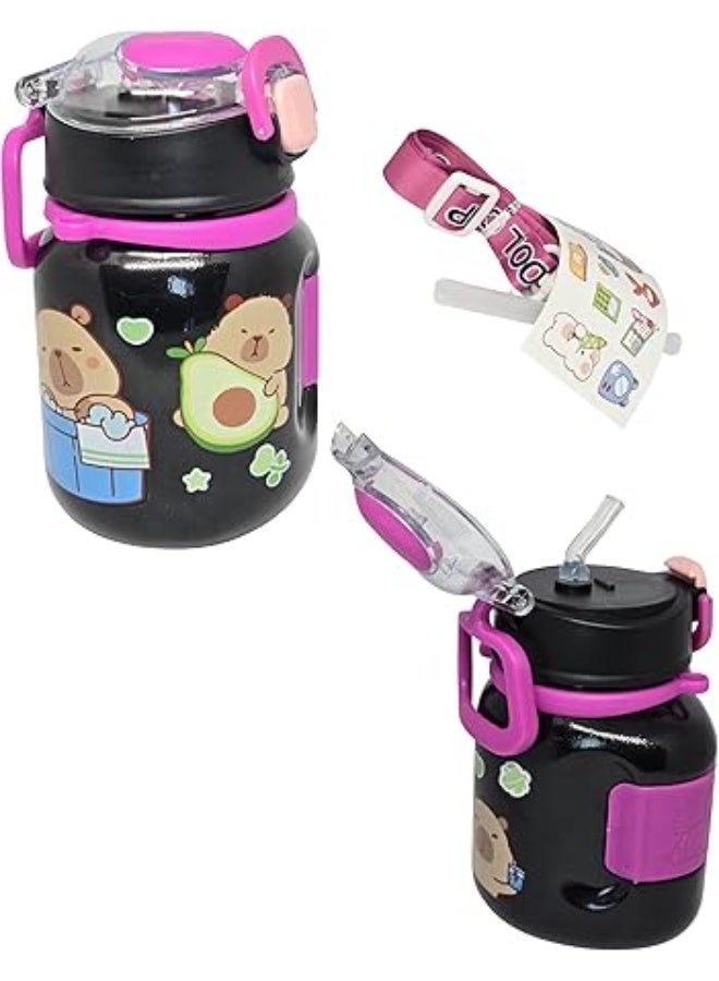 MINIIMODZ Bear Kids Water Bottle with Straw 500ml BPA-Free Plastic, School & Picnic Bottle for Toddlers – Black & Pink (BLACK) - Image 2